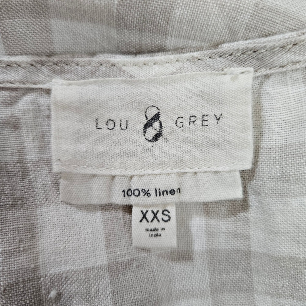 Lou & Grey Beige White Gingham 100% Linen V-Neck Boxy Cuffed Sleeve Top XXS - Picture 4 of 7